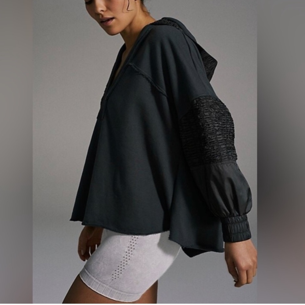 Free People FP Movement Spin Pullover V-Neck Smocked Hoodie Sweater